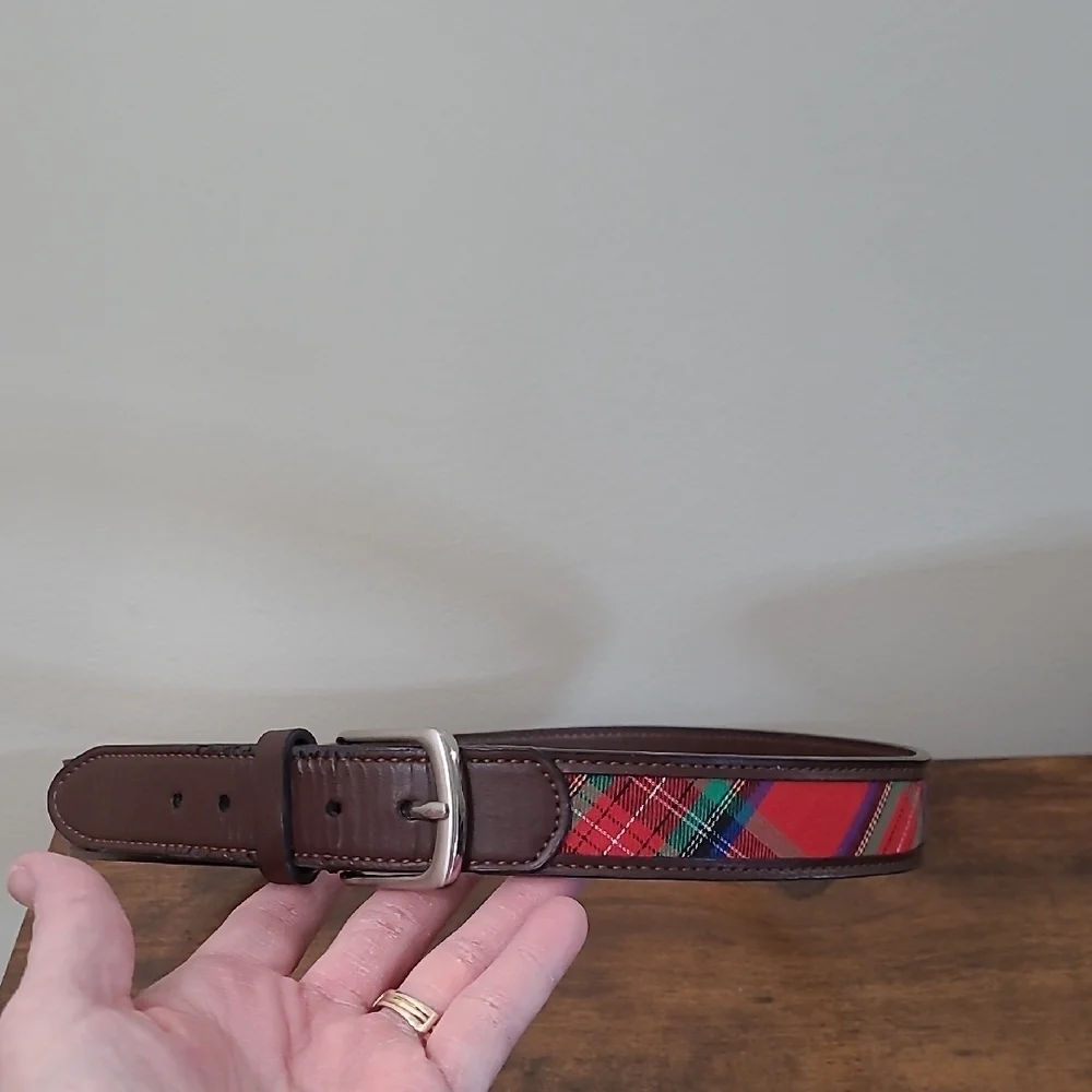 Brown Leather Belt with Red Plaid Pattern size Large 30-32